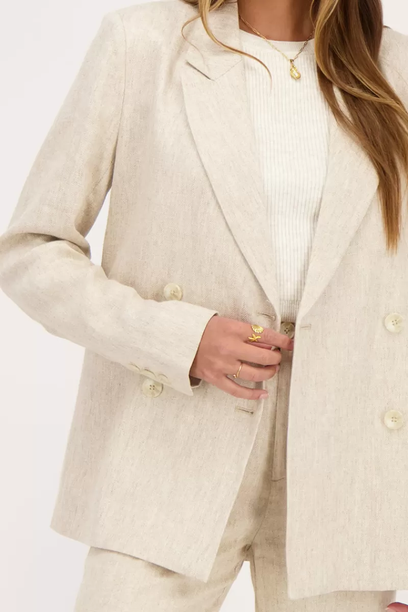 My Jewellery Blazer En Lin Beige à Double Boutonnage