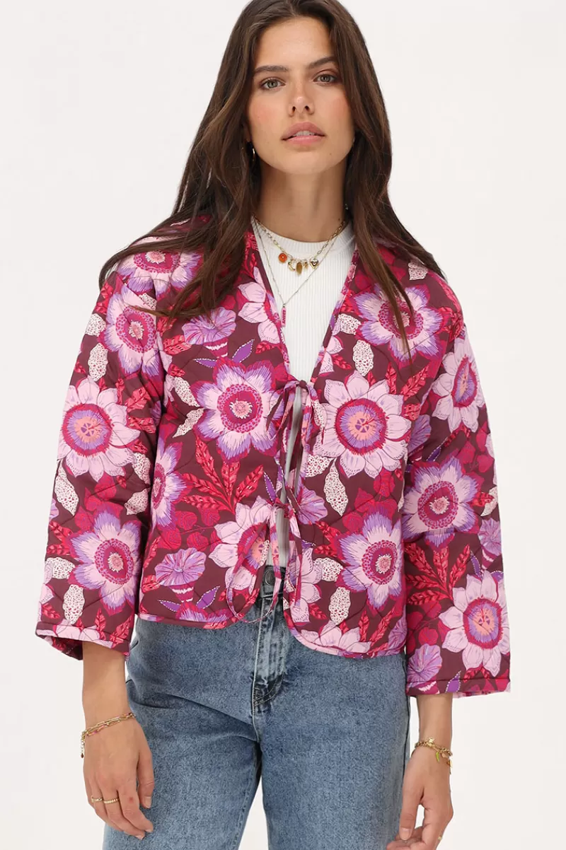 My Jewellery Veste Matelassée Marron Avec Nœuds Et Imprimé Floral Rose