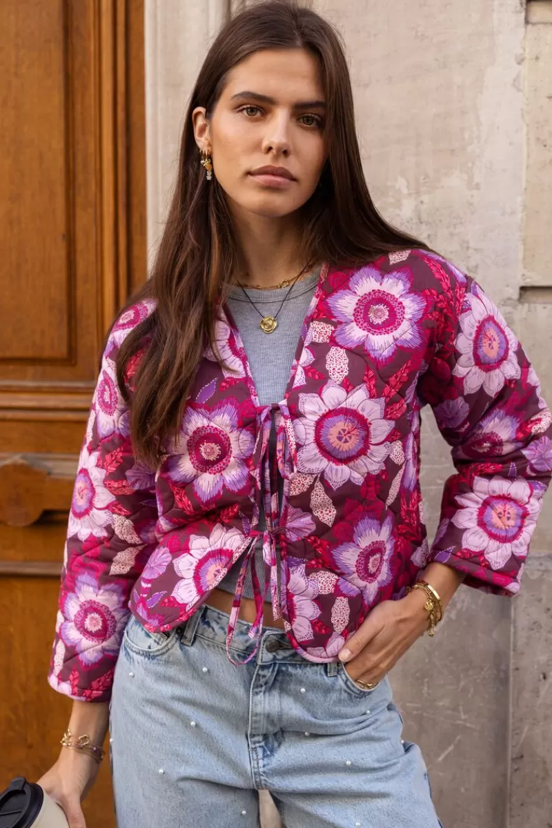 My Jewellery Veste Matelassée Marron Avec Nœuds Et Imprimé Floral Rose